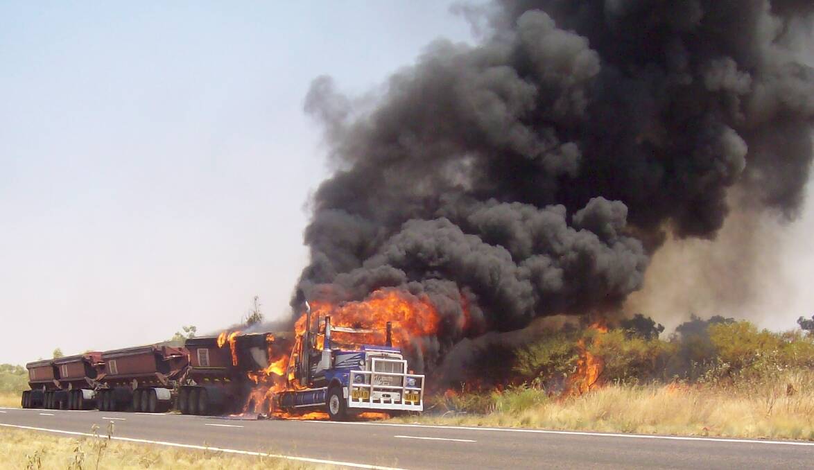 A road train has engulfed in flames on the Landsborough Highway. Photo supplied.