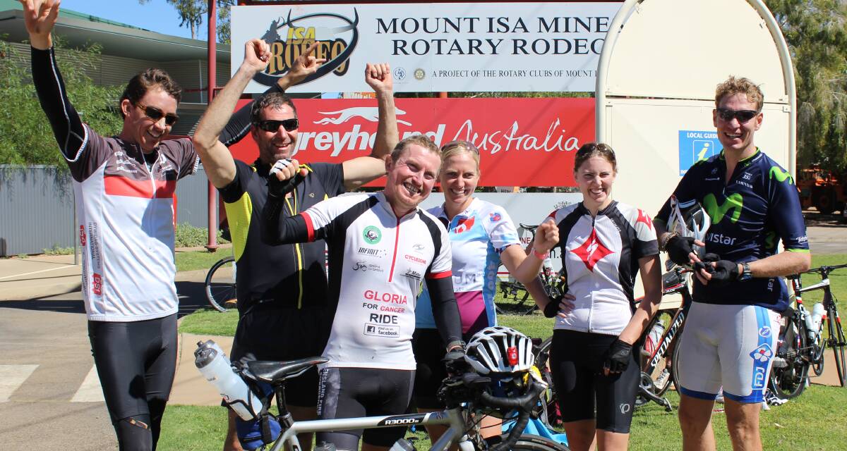 GLORIA FOR CANCER RIDE: Sam Cooke (middle) with Mount Isa riders who supported him in the final leg of his ride from Cloncurry to Mount Isa. Photo: Samantha Walton.