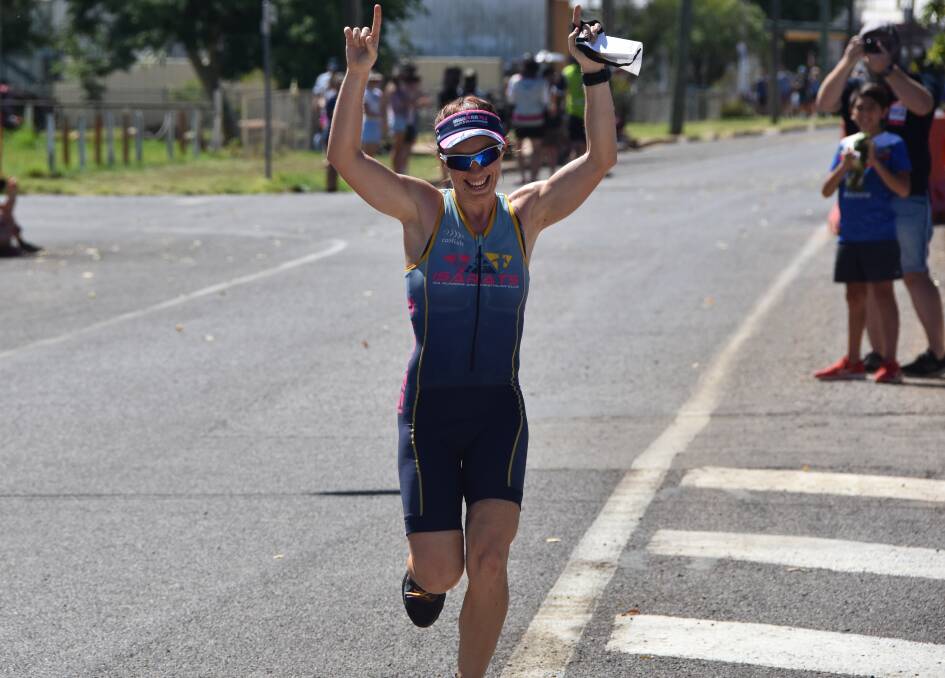 WINNER: Kim Alcorn was the first woman to cross the finish line at the Julia Creek Dirt n Dust senior triathlon. Photo: Samantha Walton.