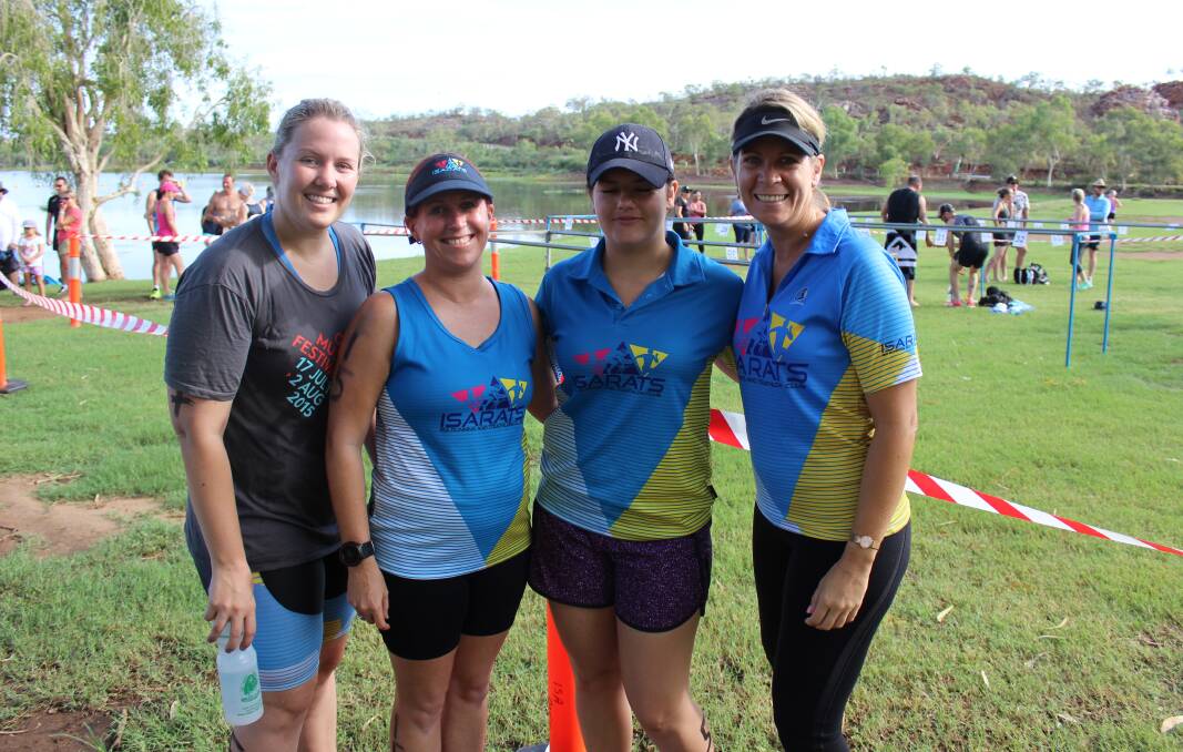 Rachael Howood, Carmen Goodger, Sam Lancini and Sharyn Te Wani watching the competition at the lake on Sunday.