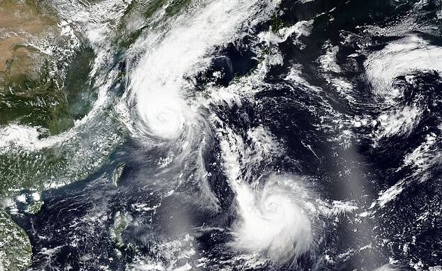 Based on the last known location of the ship it would have been sailing in high winds of 58 knots (107km/h) caused by Typhoon Maysak (pictured over South Korea)