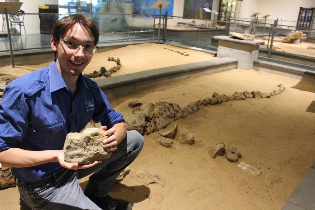 DINOSAUR: Kronosaurus Korner Curator and Interpretation Manager, Doctor Patrick Smith, shows the fossil in front of an Elasmosaurus skeleton. Photo: Samantha Walton.