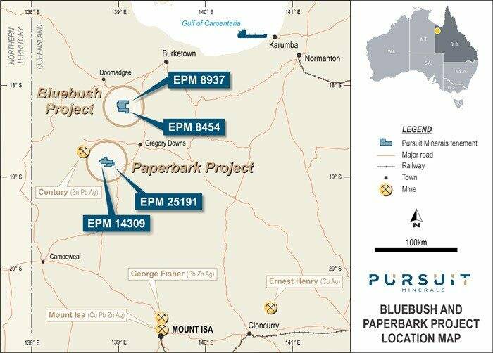 MINING: Pursuit Minerals' two cornerstone zinc projects Paperbark Project and Bluebush Project. Source: Pursuit Minerals.