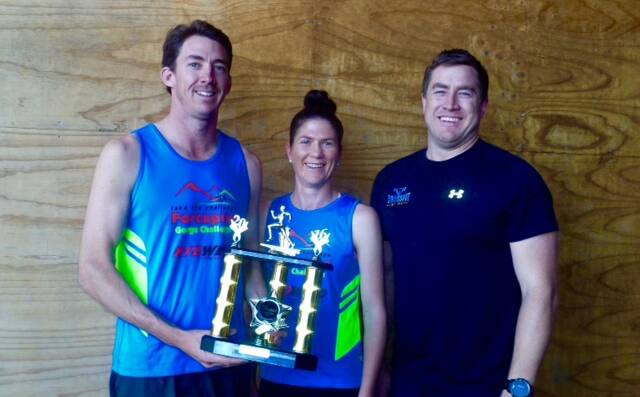 Winner: Mark Thinee, Claire Lehmann and Chris Thinee with the heavily repaired winners trophy from this year's porcupine gorge challenge. Photo supplied.