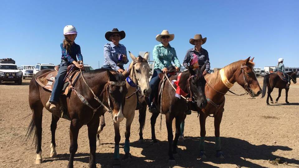 Jessica McCoy, Anne Whitfield Megan Folker and Lucy Whitbread place in the Cloncurry Mustering Open Barrel Race co Sponsored by Normanton Stop Shop.