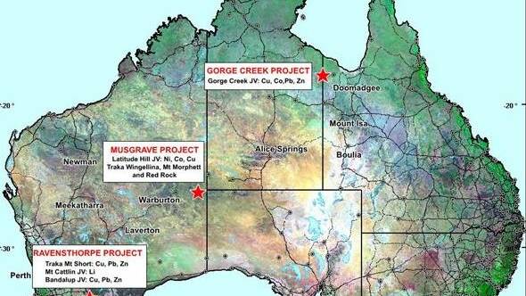A map showing Traka's interests in Australian mining regions including Gorge Creek in North West Queensland.