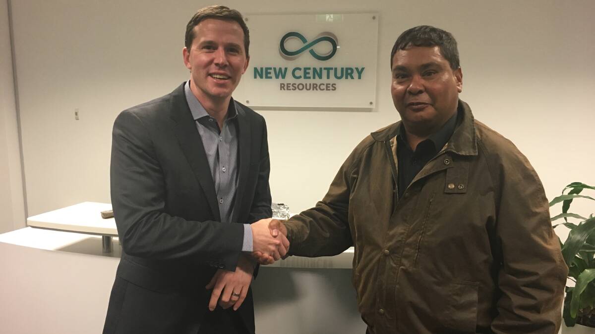PARTNERS: New Century Resources Managing Director, Patrick Walta and ADBT Chairperson, Fred Pascoe shake hands on the deal. Photo: supplied