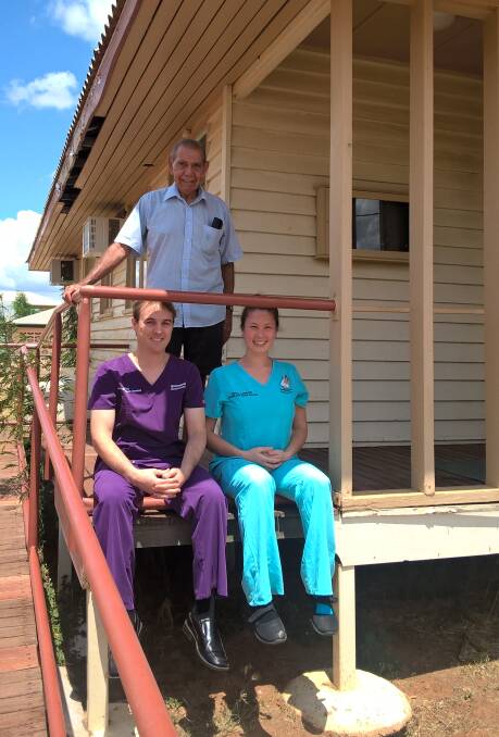 OLD PREMISES: The last appointment at the old Cloncurry Dental Clinic - Dr Travis Blood, Lenny Bell and Erin Pearce. Photo: Contributed