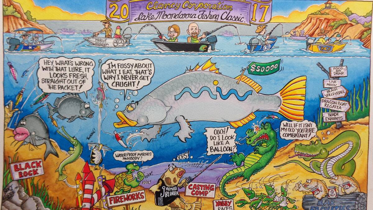 REALITY BITES: This is the auction cartoon our cartoonist Bret Currie donates to the Lake Moondarra Fishing Classic each year.