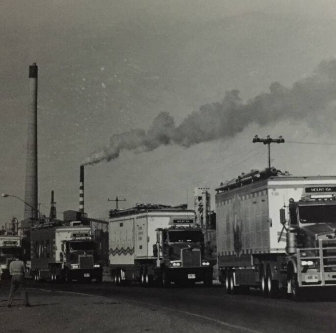 Trucks arrive in Mount Isa for the Bicentennial Expo to celebrate 200 years of Australia on June 23, 1988.