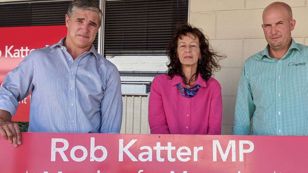 Robbie Katter, Sarah Harvey and Mayor Greg Campbell outside the Cloncurry electoral office this week.