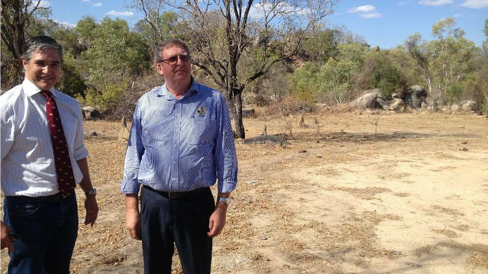 State member for Mount Isa Robbie Katter and former Etheridge Shire Mayor Will Attwood inspect the site of the proposed Charleston Dam on the Delaney River near Forsayth.