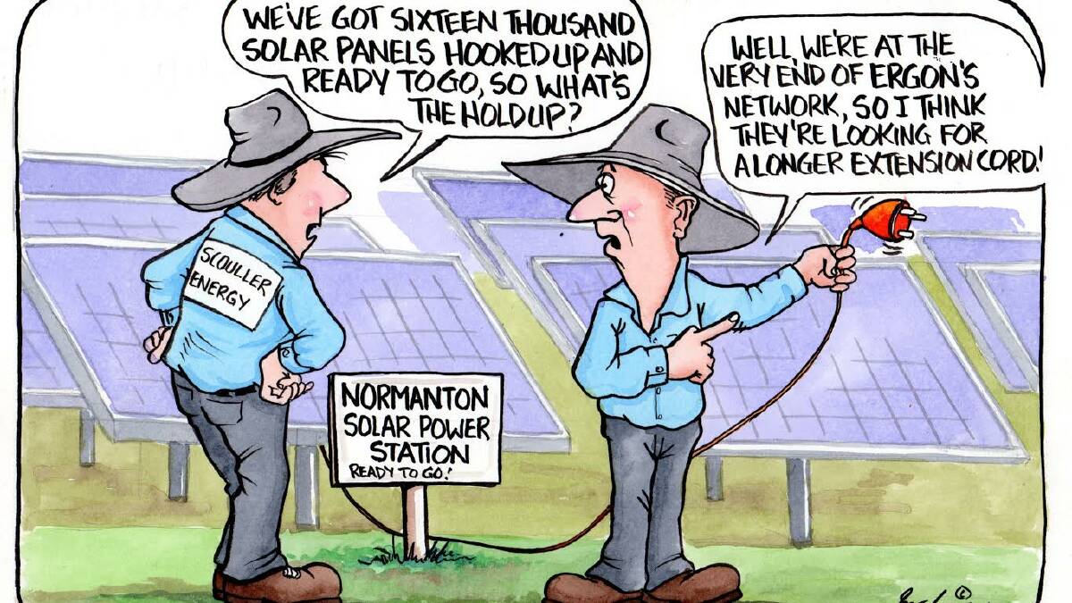 WIRES CROSSED: Cartoonist Bret Currie thinks Ergon may not quite have got the hang of this newfangled solar thingummy.