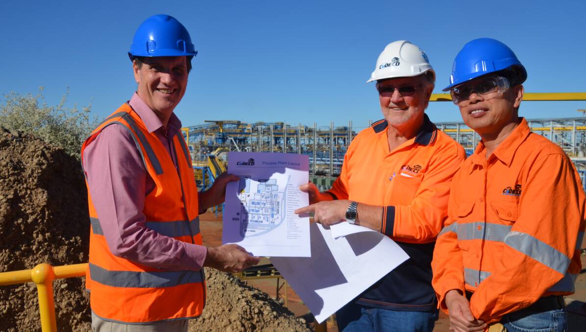 BIG PLANS: Dr Anthony Lynham, Rocklands General Manager, Mark Roberts and  CuDeco’s Managing Director, Dr Dianmin Chen at Rocklands.  