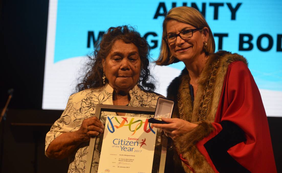 Aunty Margaret Body is congratulated by Mayor Joyce McCulloch for winning Mount Isa's Senior Citizen of the Year 2017 on Australia Day.
