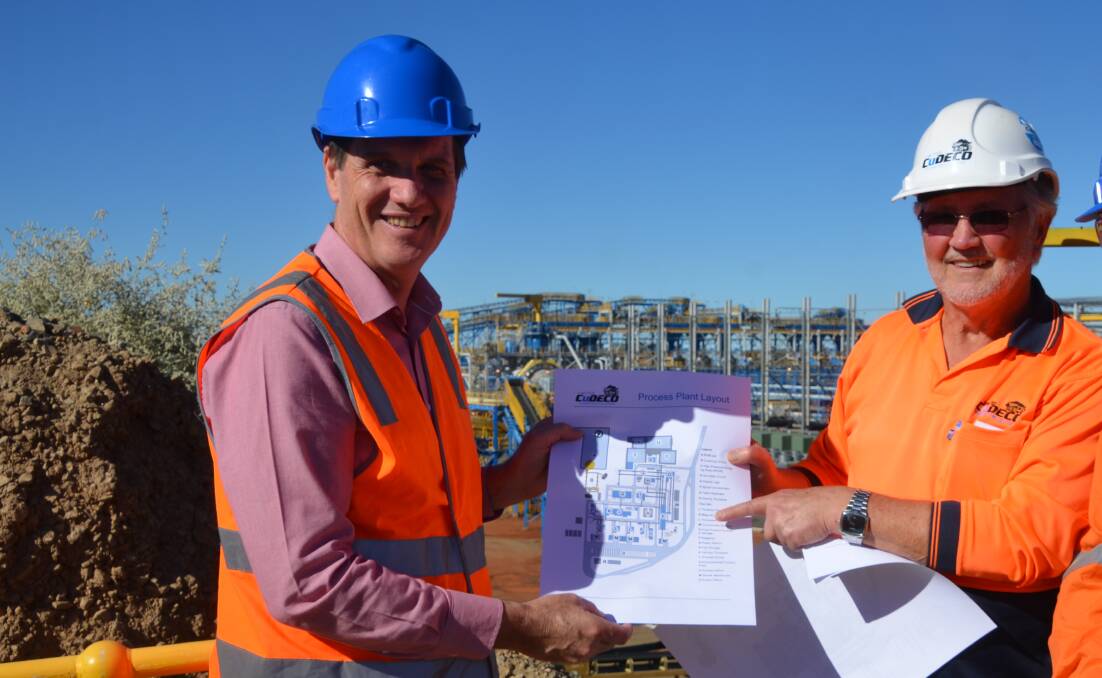 Company chair Peter Hutchinson at CuDeco in happier times with Mines Minister Dr Anthony Lynham. The Ministry has closed the mine on safety fears.