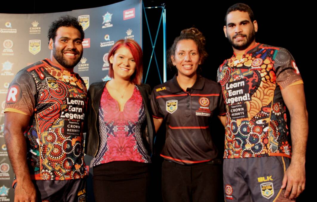 RECOGNITION: Chern'ee Sutton (second from left) with Sam Thaiday, women's captain Talisha Harden and Greg Inglis wearing the jersey Chern'ee designed.