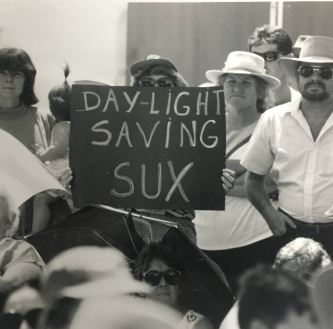 Locals protest in Mount Isa against the Queensland Daylight Savings experiment which was ended in 1992 after three years.