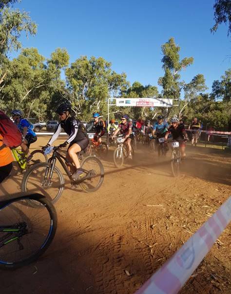 DUST UP: Riders set off in the Fountain Springs MTB Classic Long Course Race. Photo: supplied