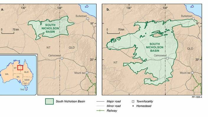 Map comparing the old (left) and new (right) outline of the South Nicholson Basin
