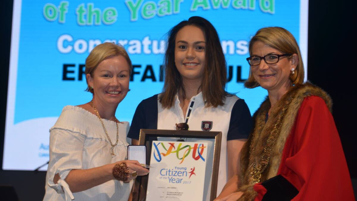 HIGH ACHIEVER: Erin Faithful getting her young citizen of the year award from Cr Peta MacRae and Mayor Joyce McCulloch. 