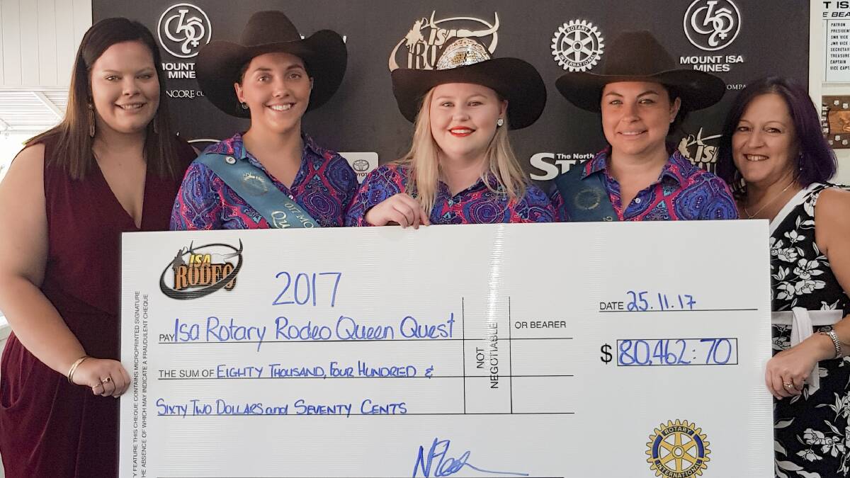 Three of Mount Isa Rotary Rodeo Queens (Caitlynd Gardner, Alison Gibbs, Samantha Eaton) present their cheque to their chosen charities.