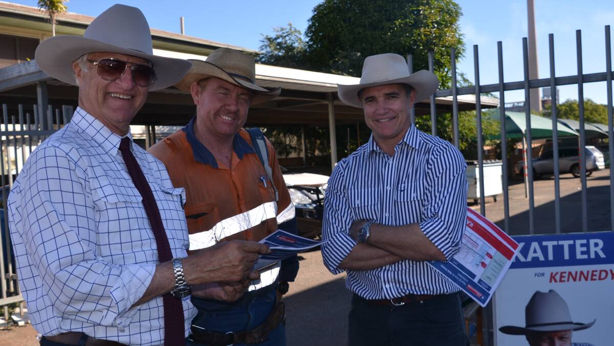 Bob Katter, Ian Fletcher and Robbie Katter outside the pre-poll office on Friday.