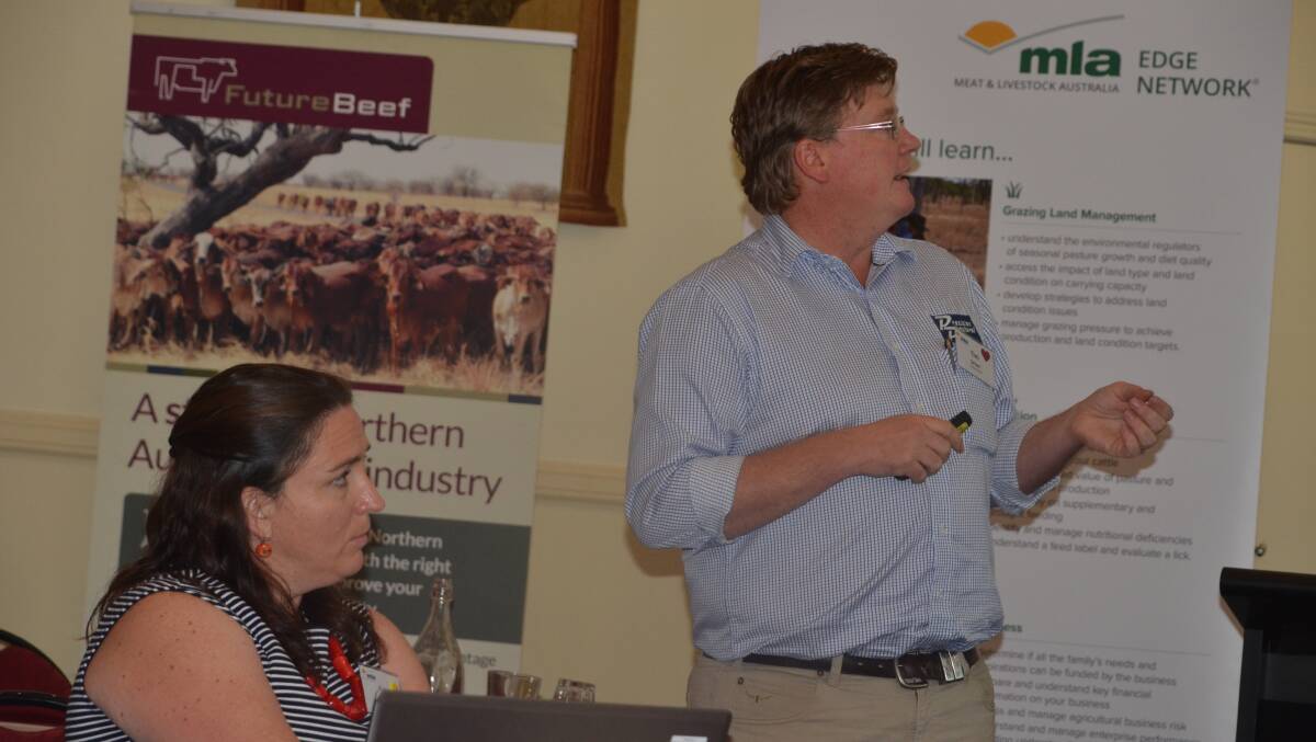 SOLID EVIDENCE: Sally Leigo and Tim Driver discuss the findings of the precision pastoral management project at the Beef Up forum in Mount Isa. Photo: Derek Barry