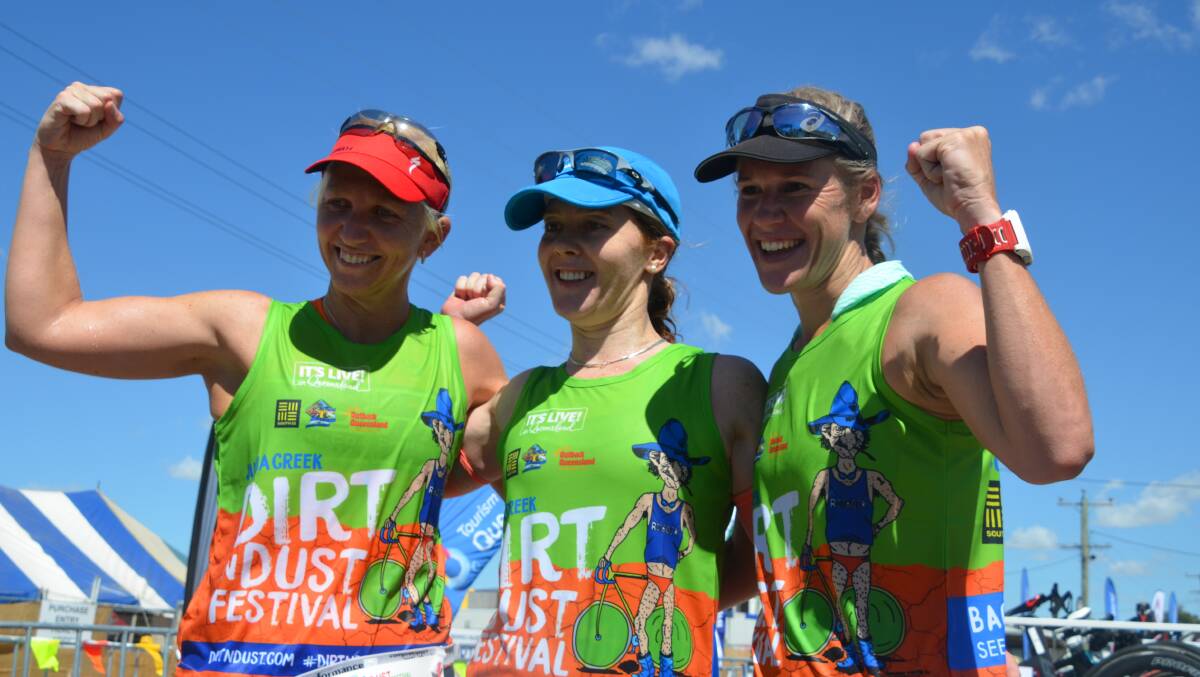 TOP TRIO: The first three ladies across the line (l-r): third place Amanda Gowing, winner Fiona Lenz and second Belinda Thompson. Photo: Derek Barry