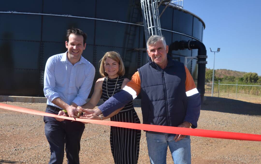 WATER WISE: Senator Matt Canavan, Mayor Joyce McCulloch and Cr Mick Tully cut the ribbon on the Sewer Augmentation Upgrade Stage 2a. Photo: Derek Barry