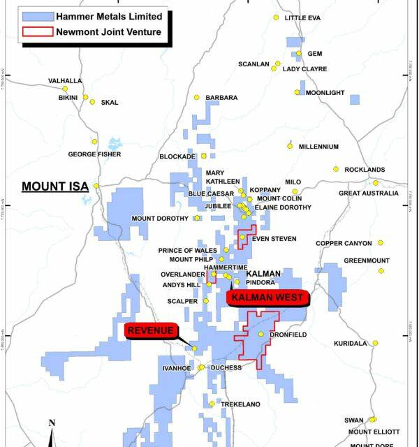 RICH DEPOSITS: Map of Hammer's drilling prospects at Kalman West and Revenue south-east of Mount Isa.