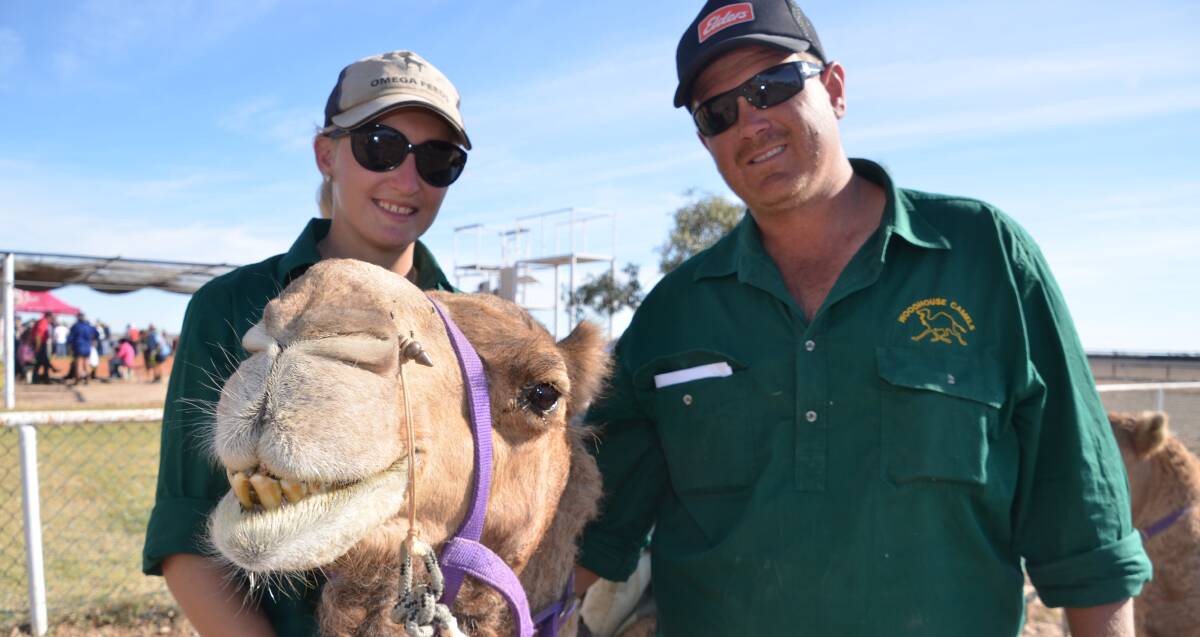 DESERT SHIP: Kyrraley Lupinski, Tom Woodhouse and Shannon the camel will all be at Boulia on Saturday for the 20th anniversary Camel Races. Photo: Derek Barry