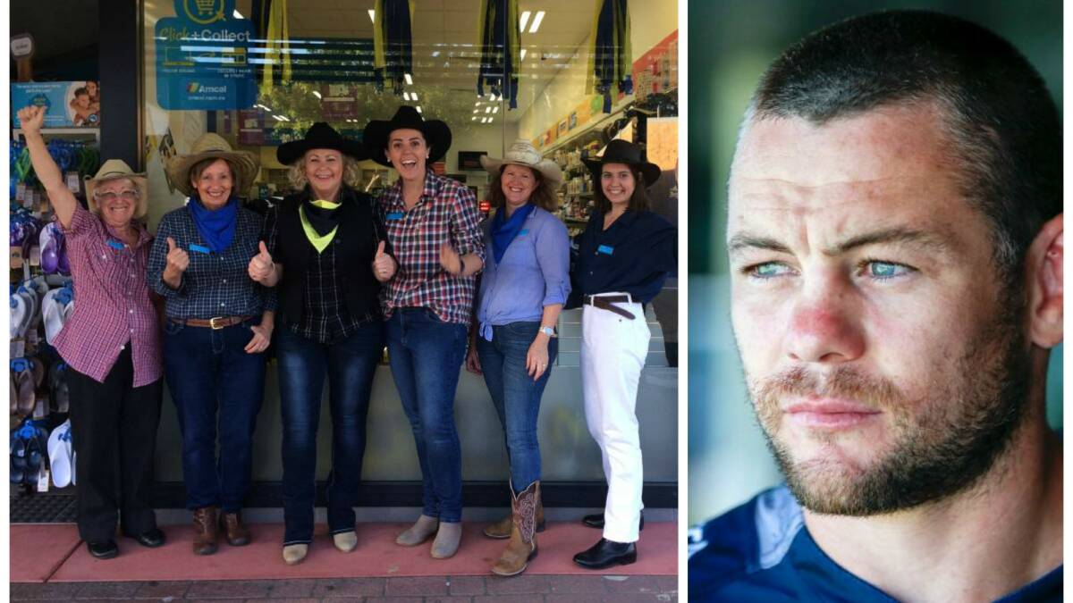 Debbie Fensom (third from left) and her co-workers at the Urunga Pharmacy have been going 'full cowboy' for a week leading up the grand final.  The Fensom family will be in Sydney to watch Shaun play for The North Queensland Cowboys in the NRL Grand Final.