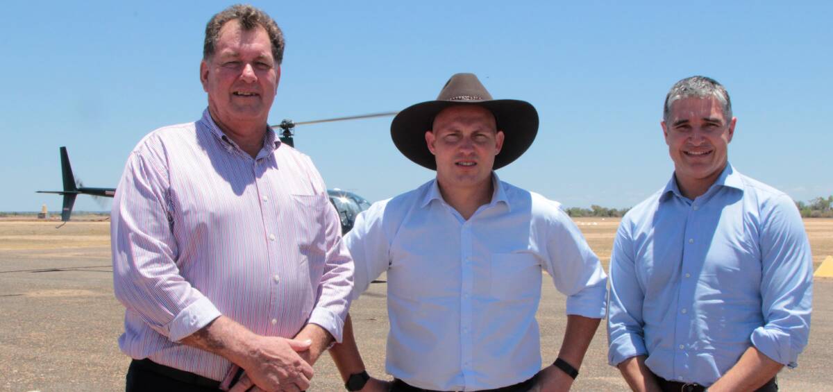 INSPECTION: Flinders Shire Mayor Greg Jones, state Treasurer Curtis Pitt and Member for Mount Isa Rob Katter prepare to inspect the Hann Highway by air. Picture: Sally Cripps