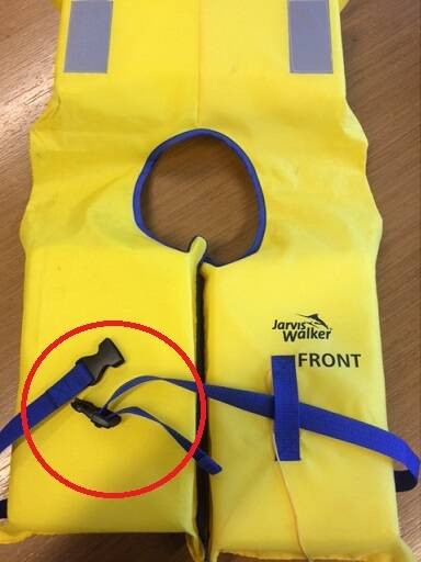 The faulty life jacket, with the unsecured section of the waistband circled. Picture: MARITIME SAFETY VICTORIA