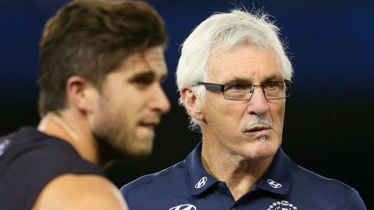 Blues coach Mick Malthouse is annoyed by the language used to describe Carlton's team changes. Photo: Quinn Rooney