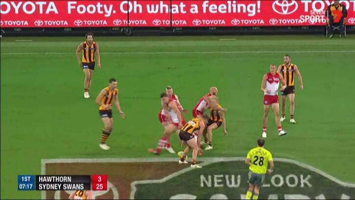 Sydney's Jarrad McVeigh clashes with Hawthorn's Will Langford. Photo: Channel Seven