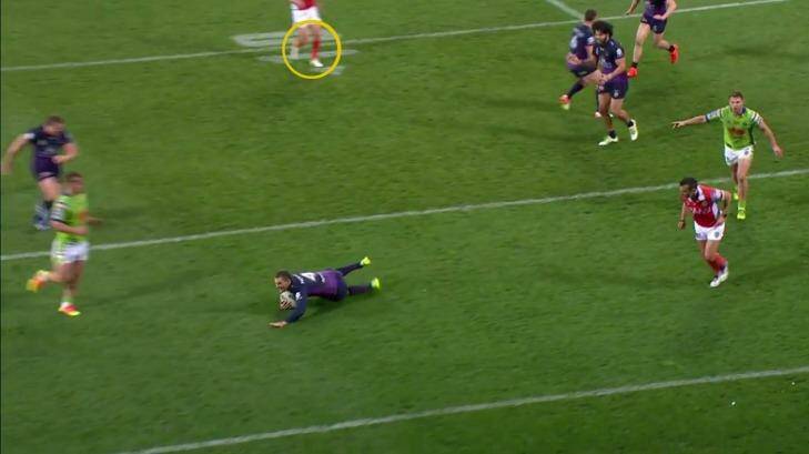 Picture 1: Cheyse Blair crosses to score for the Storm and is clearly some metres infield from the 10-metre line, as shown by the yellow circle where the referee is standing.
 Photo: Courtesy of Fox Sports