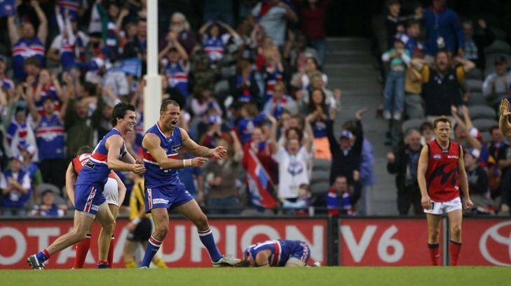 Brad Johnson of the Western Bulldogs celebrates a goal in the dying moments of the game against Melbourne at Docklands Stadium on May 13, 2007. It is the last time Melbourne won at the venue Photo: Sebastian Costanzo