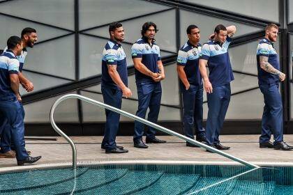 Pooling resources: The NSW team gathers at the Star yesterday. The team has leaders in Farah, Scott and Merrin, while the young legs in the forwards can take the game to the Maroons. Photo: Brendan Esposito