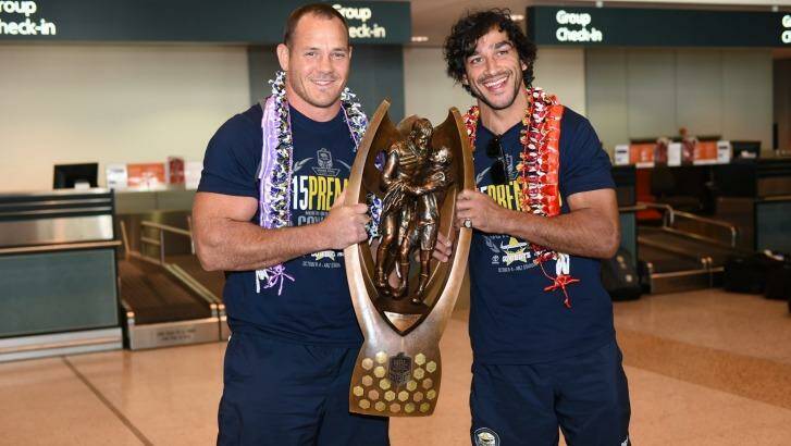 Chasing history: Matthew Scott and Johnathan Thurston are vying to help the Cowboys become the first side to win back-to-back premierships in almost 25 years. Photo: Brendan Esposito
