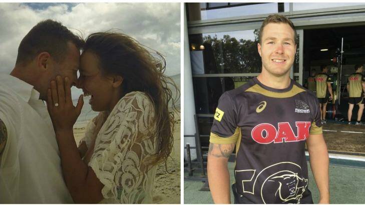 Big changes: Trenet Merrin and Sally Fitzgibbons when they announced their engagement and Merrin at Panthers on Tuesday. Photo: Instagram/Adrian Proszenko