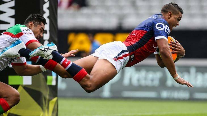 Flying Rooster: Rookie Latrell Mitchell has been in impressive form during this year's Auckland Nines tournament.
 Photo: Simon Watts/Getty Images