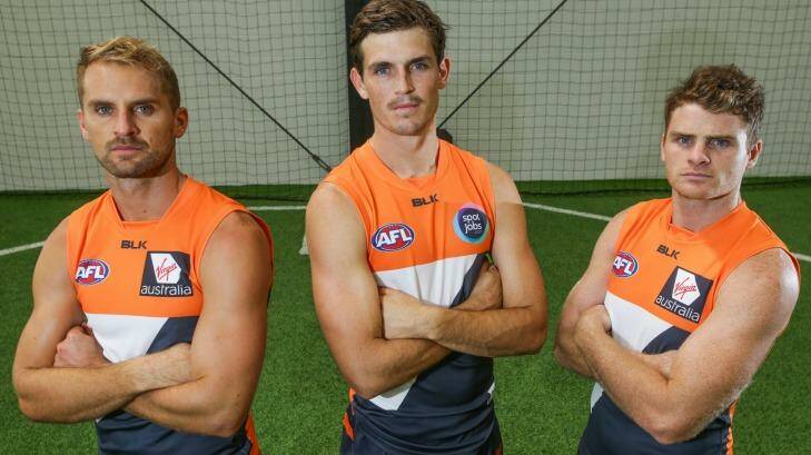 September on their minds? Giants defenders Joel Patfull, Heath Shaw and Phil Davis. Photo: Canberra Times