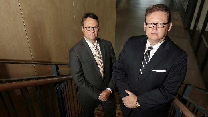 ACT Brumbies chairman Robert Kennedy, left, and chief executive Michael Jones will begin formal mediation on Friday. Photo: Jeffrey Chan