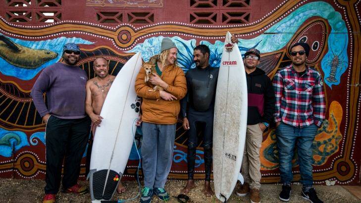 Robbie Page (in brown jacket) with other competitors at the Australian Indigenous Surfing Titles at Bells Beach. Photo: Justin McManus