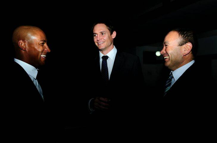 11TH APRIL 2012- SPORT - STORY CHRIS DUTTON- THE CANBERRA TIMES- PHOTO BY MELISSA ADAMS.
Brumbies coaching consultant, George Gregan, attack coach Stephen Larkham and former Brumbies coach Eddie Jones at the Japanese Embassy. Photo: Melissa Adams