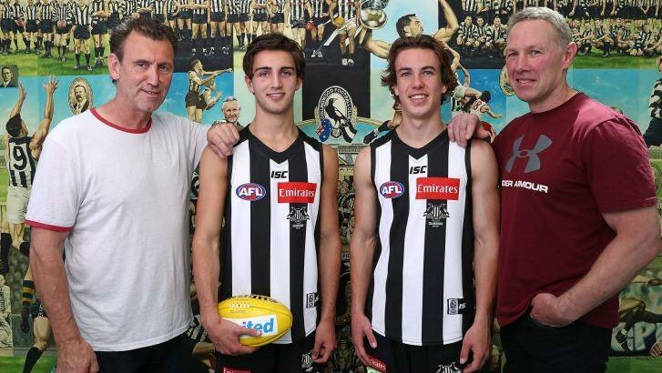 Generation game: father-son draftees Callum Brown and Josh Daicos with their dads and Magpie legends Peter Daicos and Gavin Brown at Magpie HQ. Photo: Scott Barbour