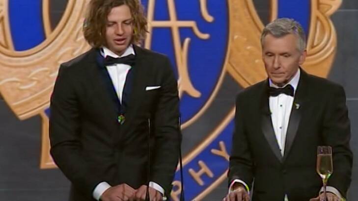 Bruce McAvaney (right) pictured with Brownlow medallist Nat Fyfe at this year's awards night. Photo: Channel Seven