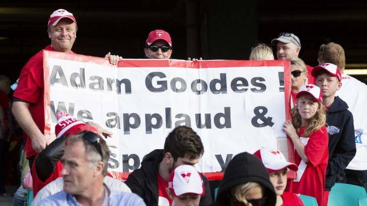 Fans around the ground held banners to show support for Goodes.  Photo: James Brickwood